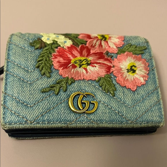 Gucci Handbags - Gucci Floral Embroidered Denim Wallet